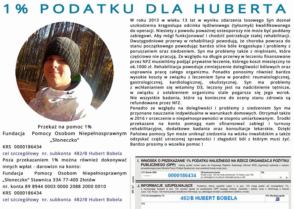 ulotka 1% Podatku dla Huberta. Z lewej strony zdjęcie Huberta, z prawej - opis sytuacji Huberta